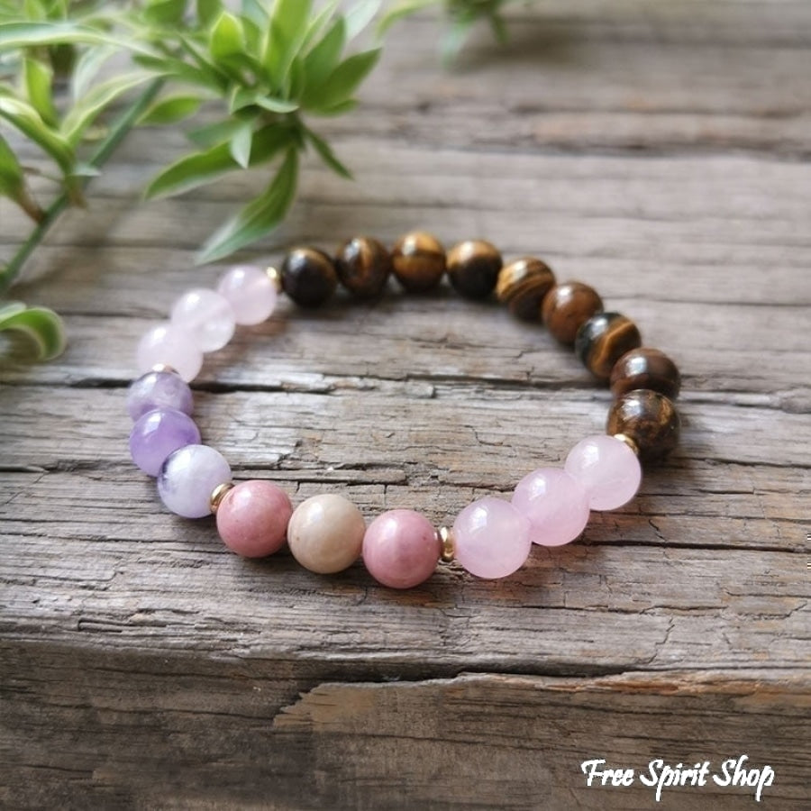 108 Natural Rose Quartz Tiger Eye Amethyst & Rhodonite Mala Bead Necklace - Free Spirit Shop