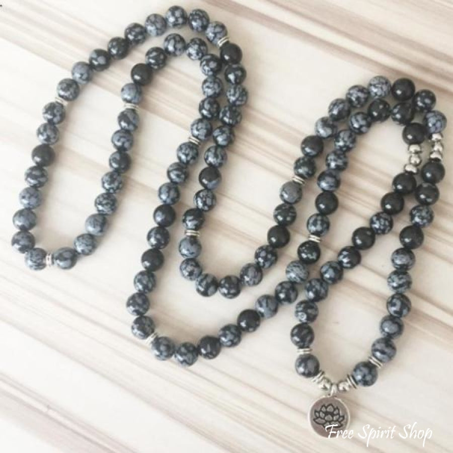 108 Natural Snowflake Obsidian Mala Prayer Beads - Free Spirit Shop