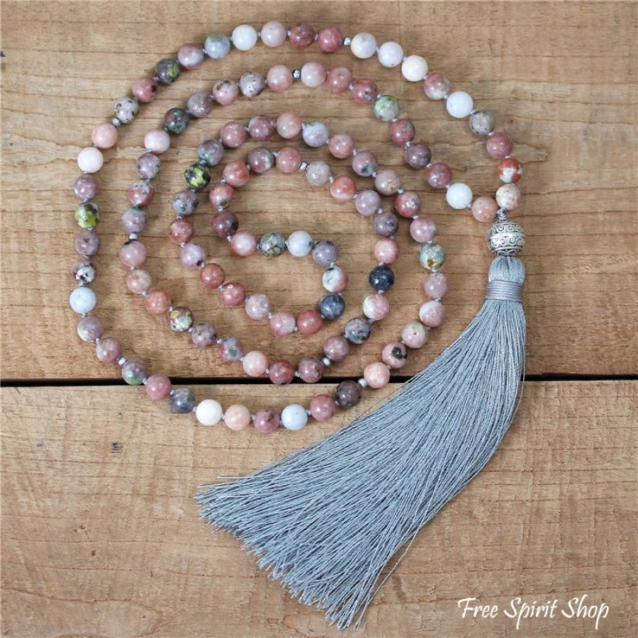 108 Natural Strawberry Agate Mala Bead Necklace - Free Spirit Shop