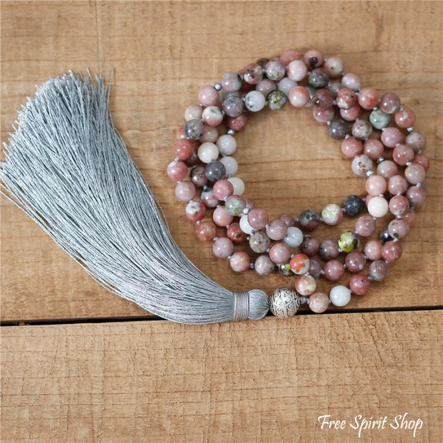 108 Natural Strawberry Agate Mala Bead Necklace - Free Spirit Shop