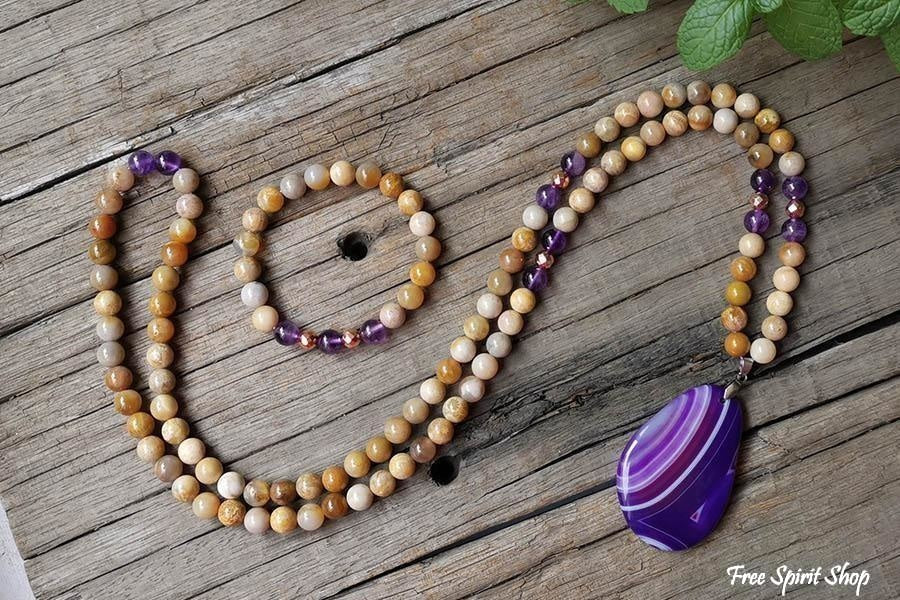 108 Natural Sunstone Amethyst & Purple Agate Mala Bead Necklace / Bracelet - Free Spirit Shop