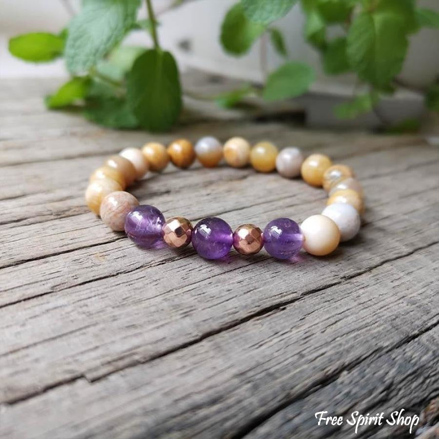 108 Natural Sunstone Amethyst & Purple Agate Mala Bead Necklace / Bracelet - Free Spirit Shop