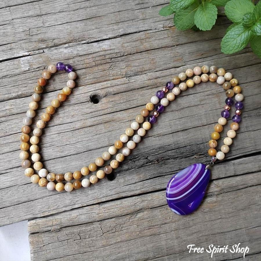 108 Natural Sunstone Amethyst & Purple Agate Mala Bead Necklace / Bracelet - Free Spirit Shop