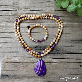 108 Natural Sunstone Amethyst & Purple Agate Mala Bead Necklace / Bracelet - Free Spirit Shop
