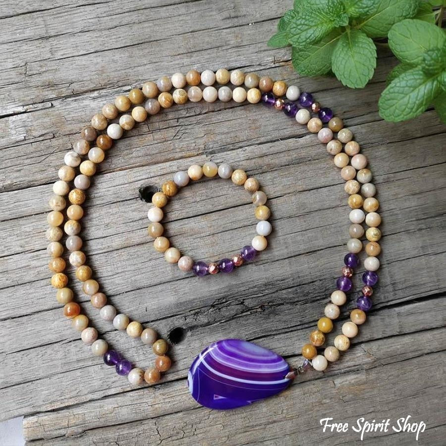 108 Natural Sunstone Amethyst & Purple Agate Mala Bead Necklace / Bracelet - Free Spirit Shop