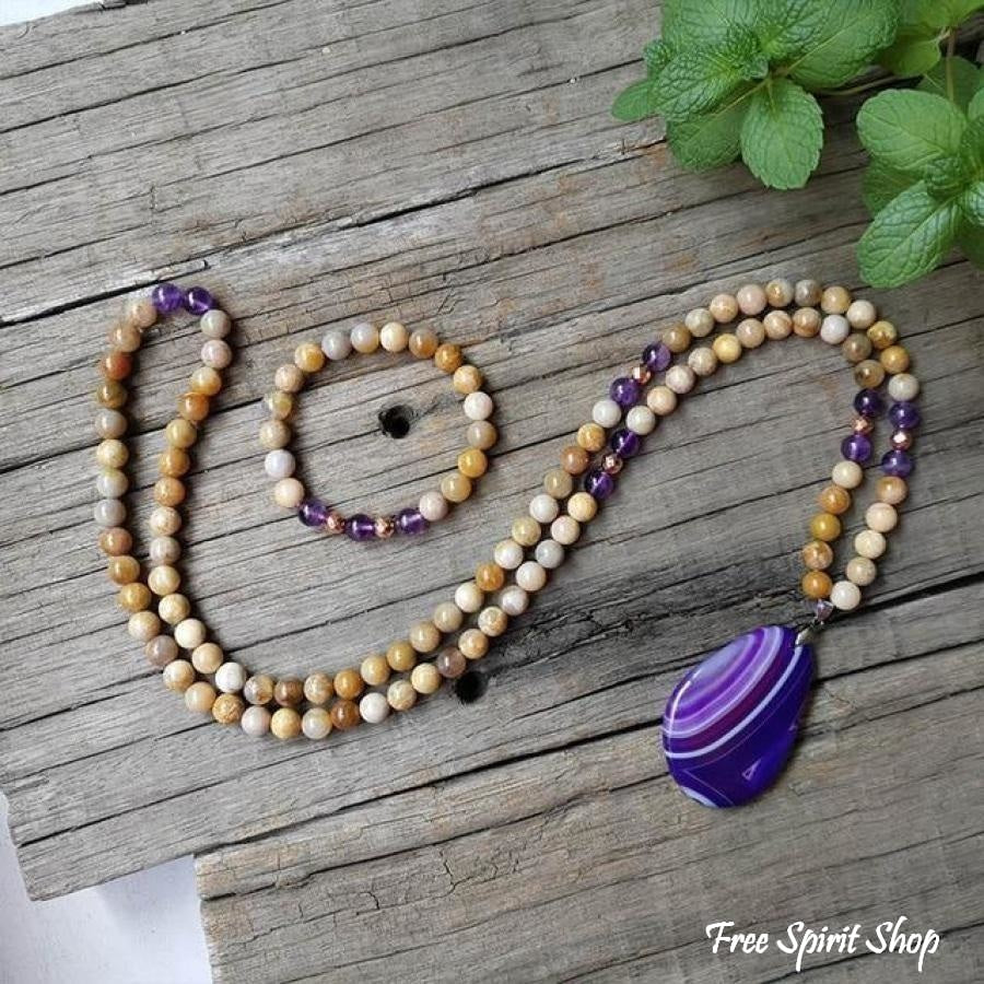 108 Natural Sunstone Amethyst & Purple Agate Mala Bead Necklace / Bracelet - Free Spirit Shop