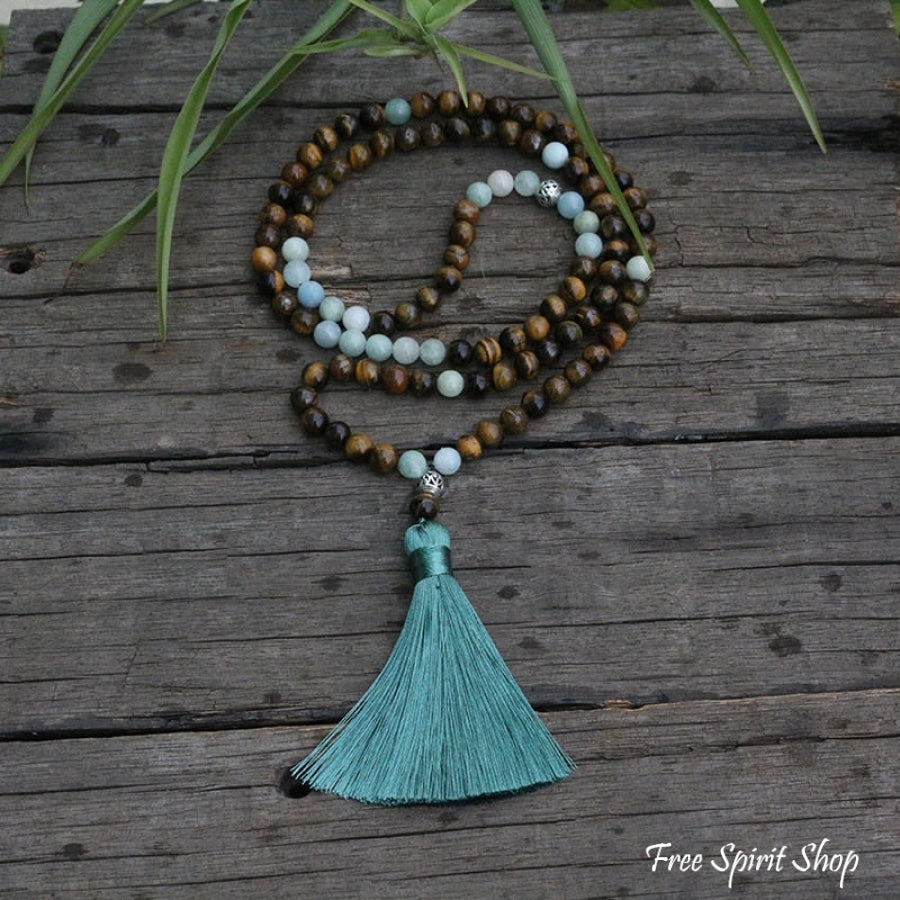 108 Natural Tiger Eye & Aquamarine Mala Bead Necklace - Free Spirit Shop