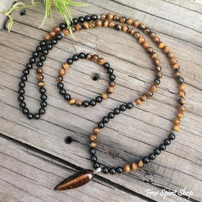 108 Natural Tiger Eye & Black Onyx Mala Beads Necklace / Bracelet - Free Spirit Shop