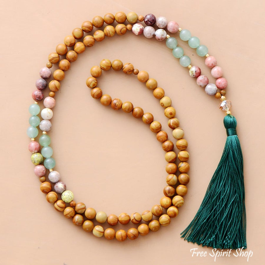 108 Natural Wood Jasper & Pink Jasper Tassel Mala Bead Necklace - Free Spirit Shop