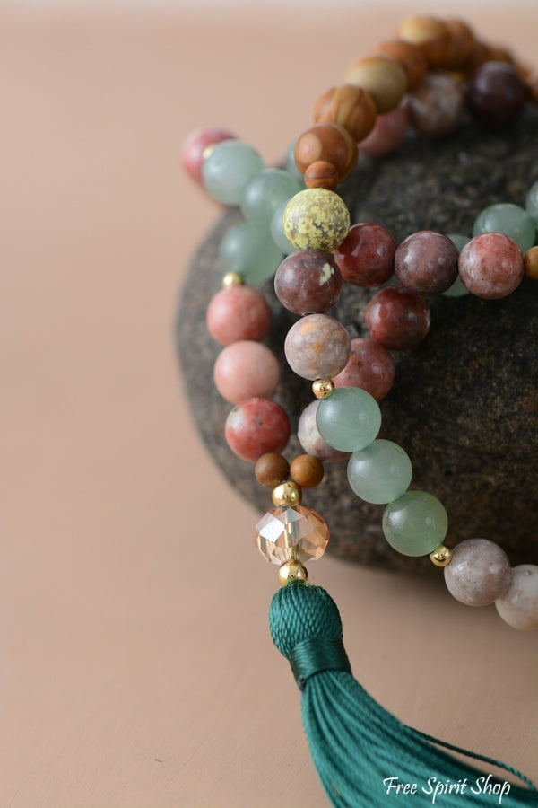 108 Natural Wood Jasper & Pink Jasper Tassel Mala Bead Necklace - Free Spirit Shop