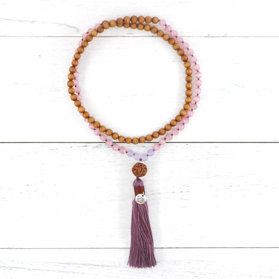 108 Sandalwood & Pink Opal Mala Bead Necklace With Rudraksha Guru Bead - Free Spirit Shop