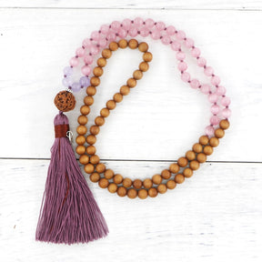 108 Sandalwood & Pink Opal Mala Bead Necklace With Rudraksha Guru Bead - Free Spirit Shop