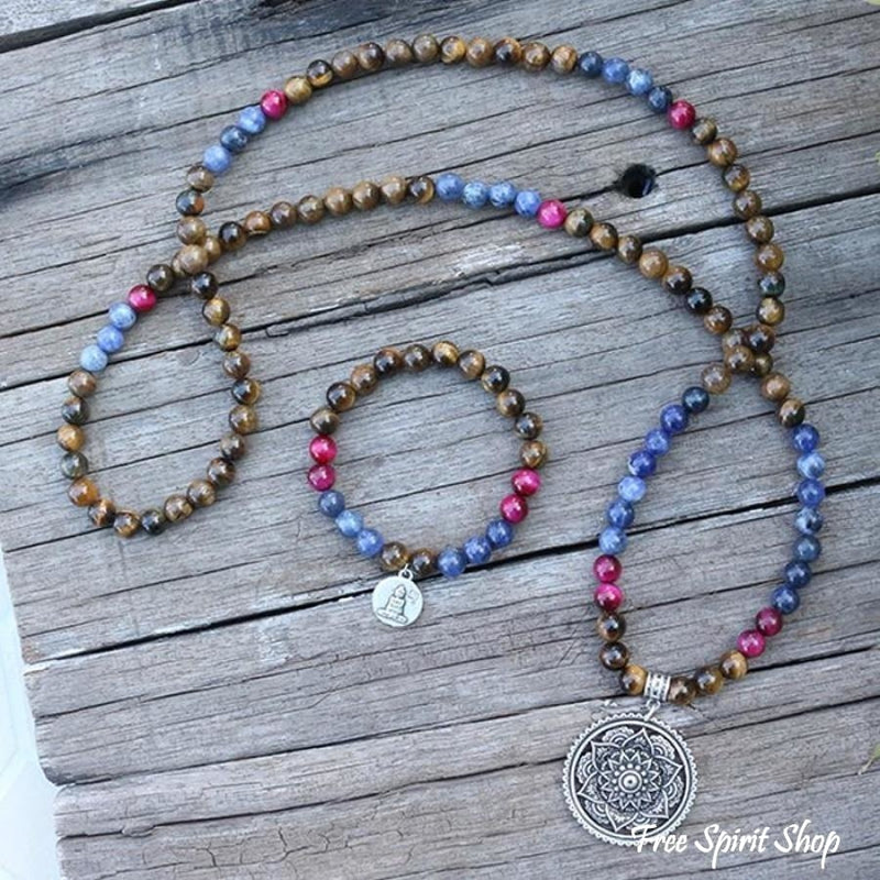 108 Tiger Eye & Sodalite Mala Bead Necklace / Bracelet