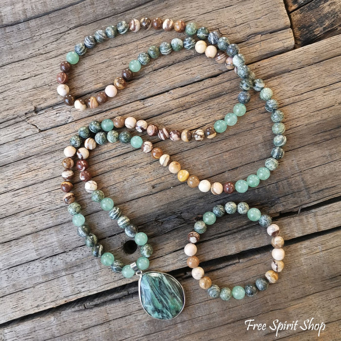 108 Zebra Jasper Green Jade & Green Aventurine Mala Bead Necklace