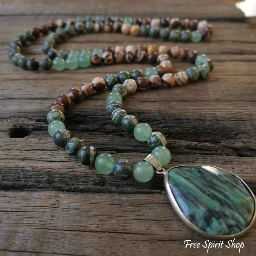 108 Zebra Jasper Green Jade & Green Aventurine Mala Bead Necklace - Free Spirit Shop