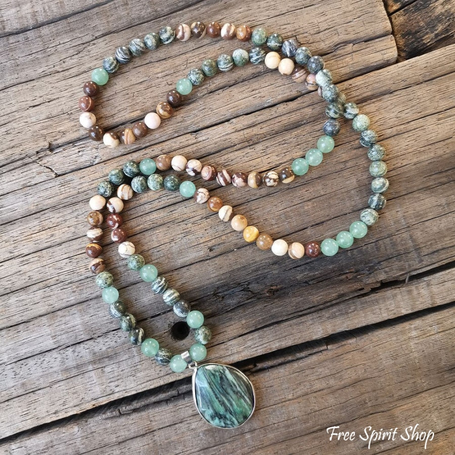 108 Zebra Jasper Green Jade & Green Aventurine Mala Bead Necklace - Free Spirit Shop