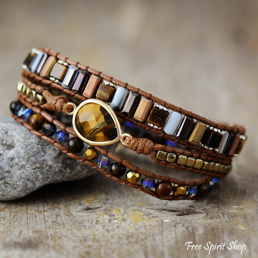 Natural Tiger Eye & Crystal Beaded Wrap Bracelet