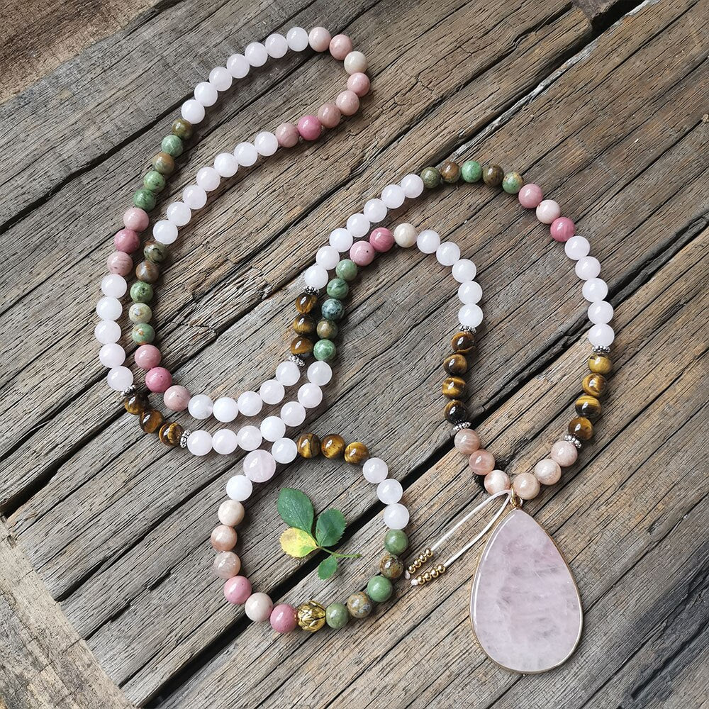 108 Natural Rose Quartz African Turquoise Tiger Eye & Rhodonite Mala Stone Bead Necklace