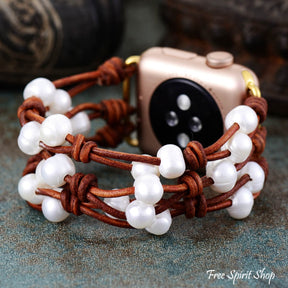 Handmade Pearl And Leather Apple Watch Band 38-41Mm / Small (About 5.5 Inches - 14Cm) Smartwatch