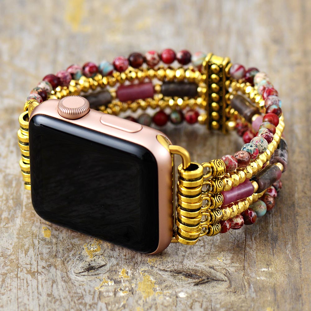 Natural Red Jasper & Golden Bead Stretchable Apple Watch Band