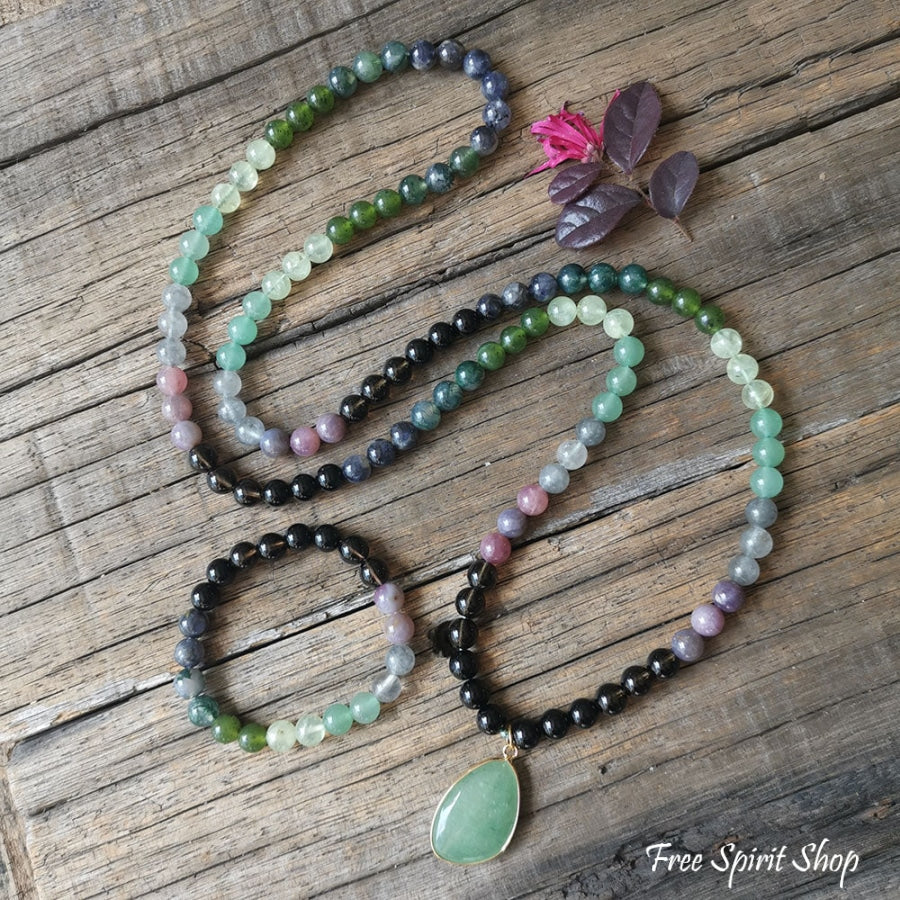 108 Natural Green Aventurine Smokey Quartz & Lepidolite Mala Bead Necklace