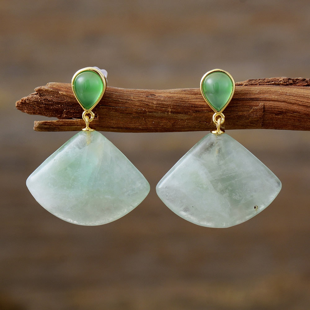 Natural Green Quartz Crystal Geometric Earrings