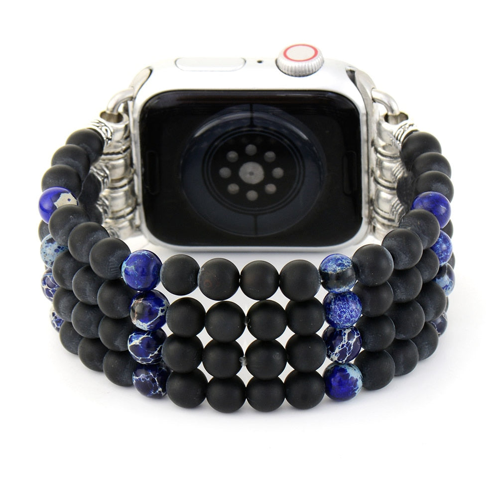 Black Onyx & Blue Jasper Beaded Stretchable Apple Watch Band