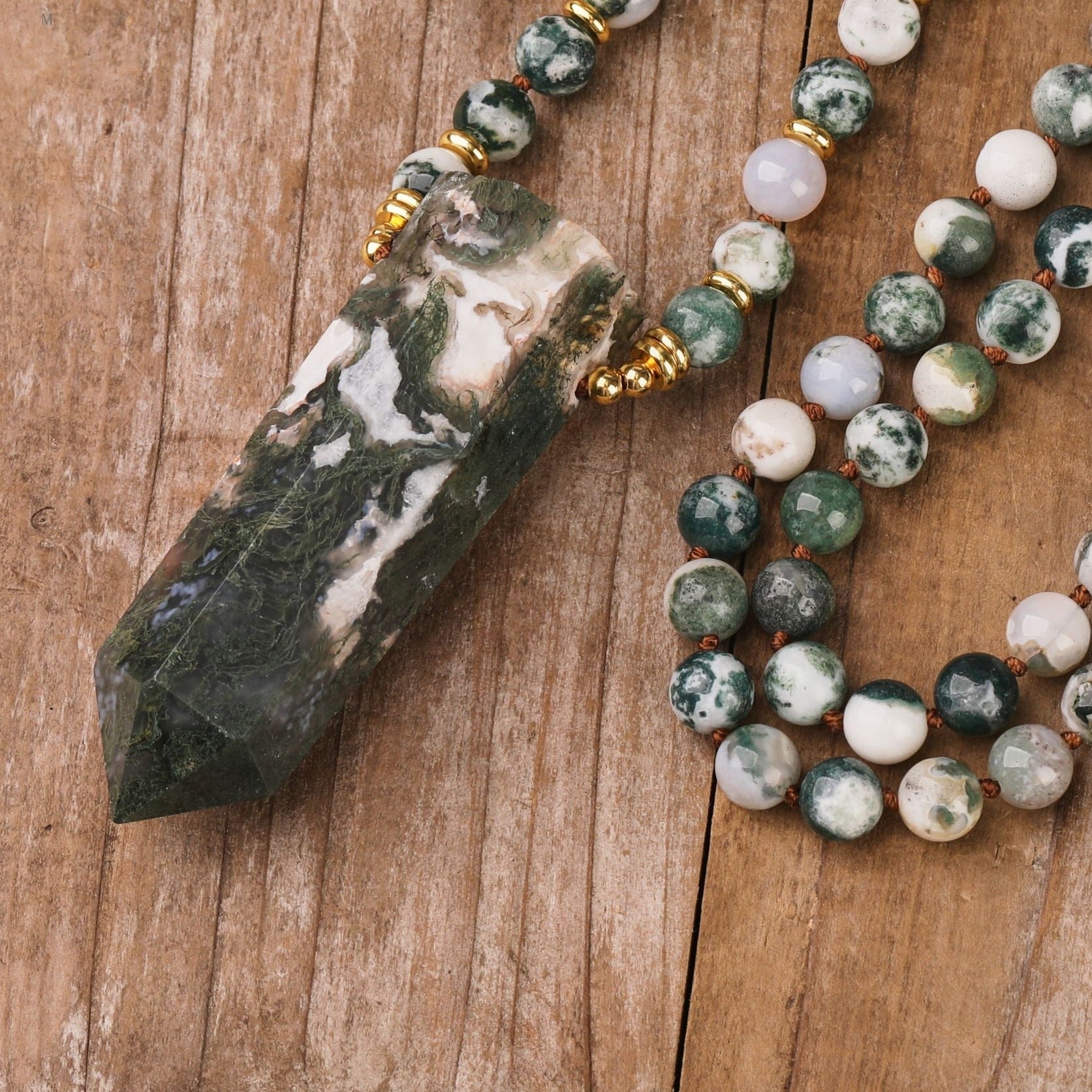 108 Natural Moss Agate Stone Mala Bead Necklace