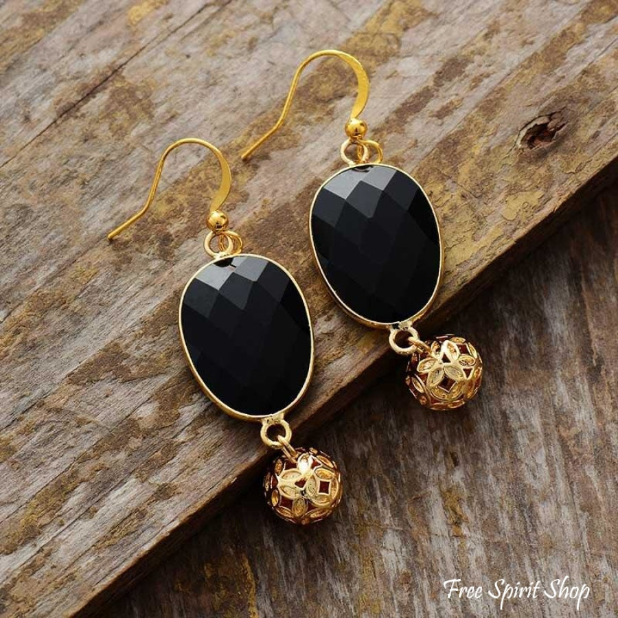 Black Onyx & Golden Flower Ball Drop Earrings - Free Spirit Shop