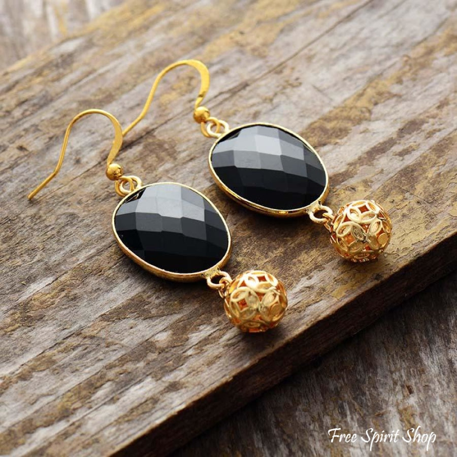 Black Onyx & Golden Flower Ball Drop Earrings - Free Spirit Shop