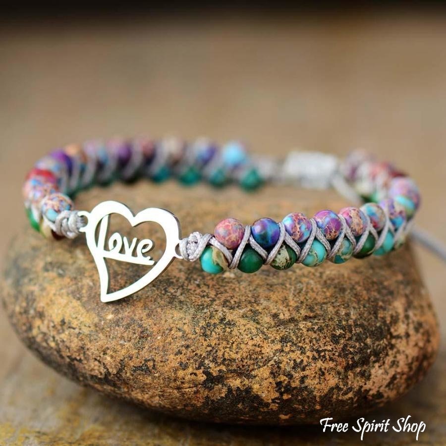 Colorful Jasper & Love Charm Bead Bracelet - Free Spirit Shop