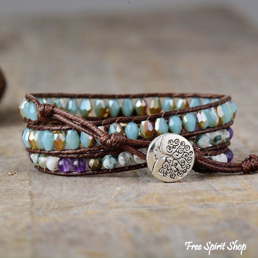 Golden Seashell With Tree Agate & Amethyst Bead Wrap Bracelet - Free Spirit Shop