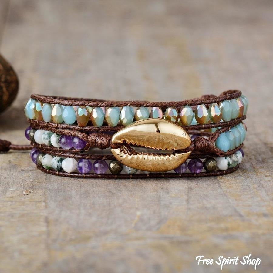 Golden Seashell With Tree Agate & Amethyst Bead Wrap Bracelet - Free Spirit Shop