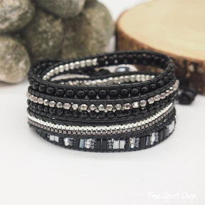 Handmade Black Crystal & Silver Bead Wrap Bracelet - Free Spirit Shop