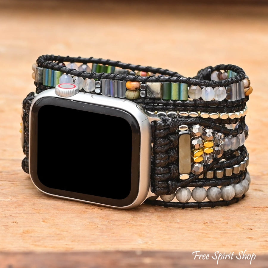 Handmade Black & Gray Beaded Apple Watch Band - Free Spirit Shop