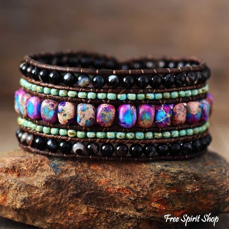 Handmade Black Onyx & Purple Jasper Wrap Bracelet - Free Spirit Shop