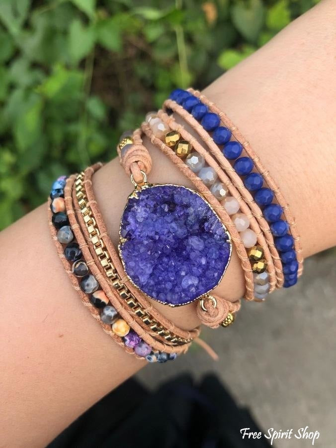 Handmade Blue Druzy Beaded Wrap Bracelet - Free Spirit Shop