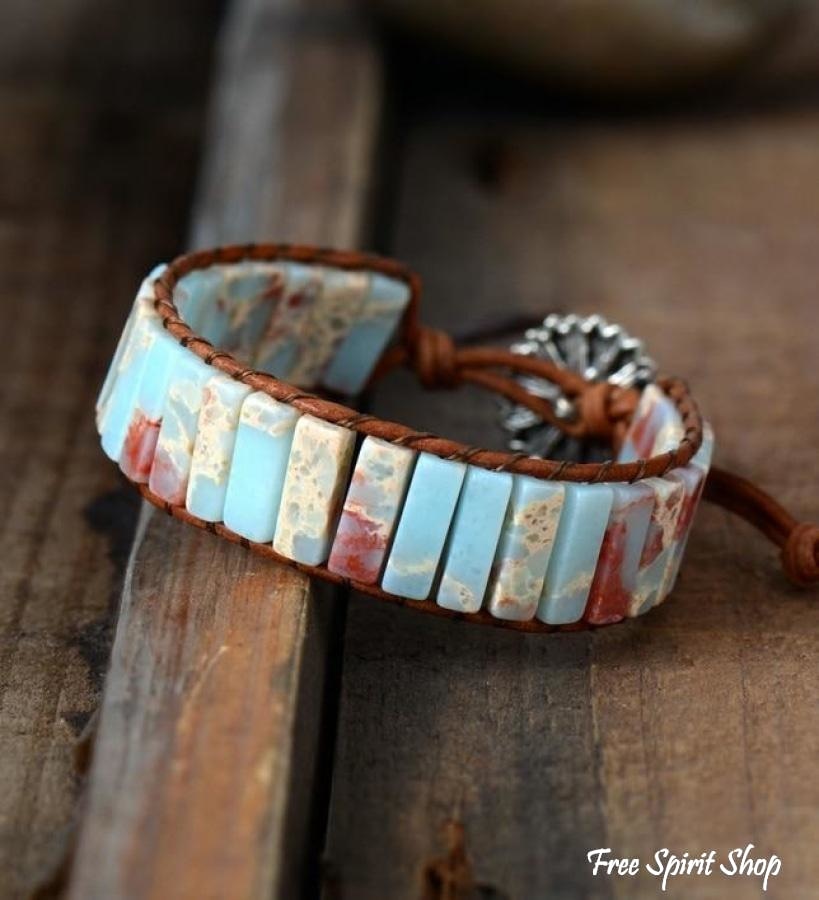 Handmade Blue Shoushan Stone Leather Wrap Bracelet - Free Spirit Shop