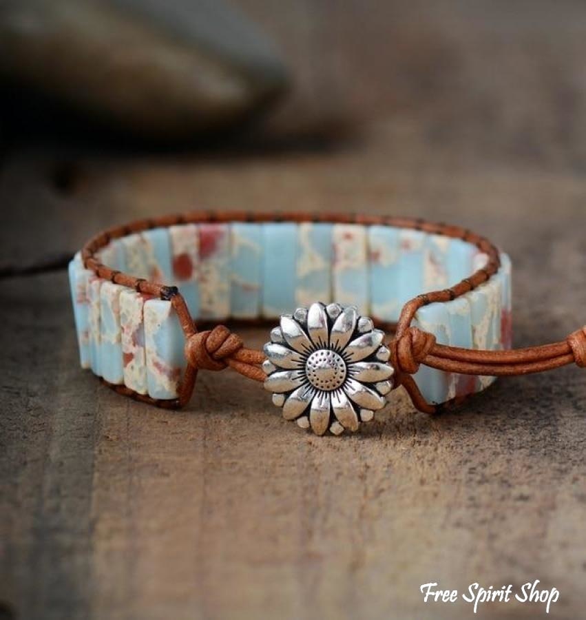 Handmade Blue Shoushan Stone Leather Wrap Bracelet - Free Spirit Shop