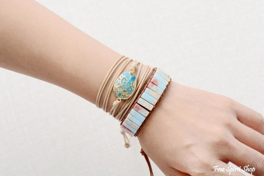 Handmade Blue Shoushan Stone Leather Wrap Bracelet - Free Spirit Shop