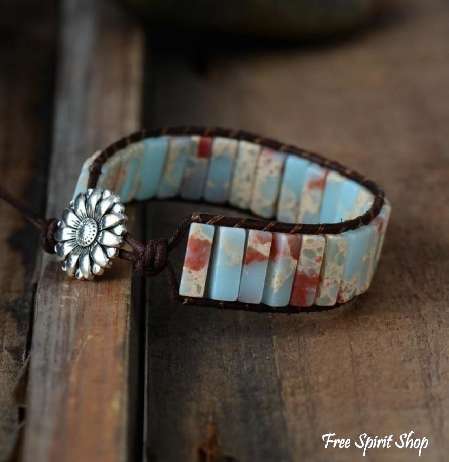 Handmade Blue Shoushan Stone Leather Wrap Bracelet - Free Spirit Shop