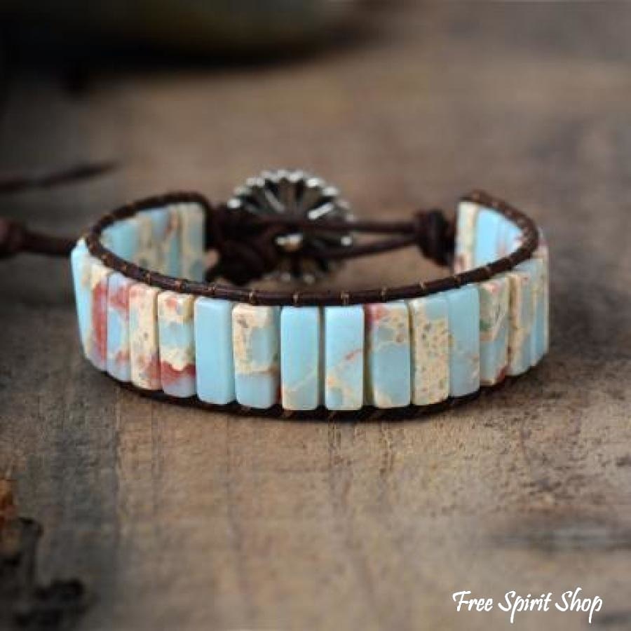 Handmade Blue Shoushan Stone Leather Wrap Bracelet - Free Spirit Shop