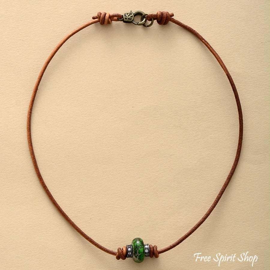 Handmade Emperor Jasper Leather Choker Necklace - Free Spirit Shop