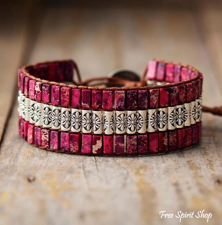 Handmade Fushia Jasper & Tibetan Bead Wrap Bracelet - Free Spirit Shop