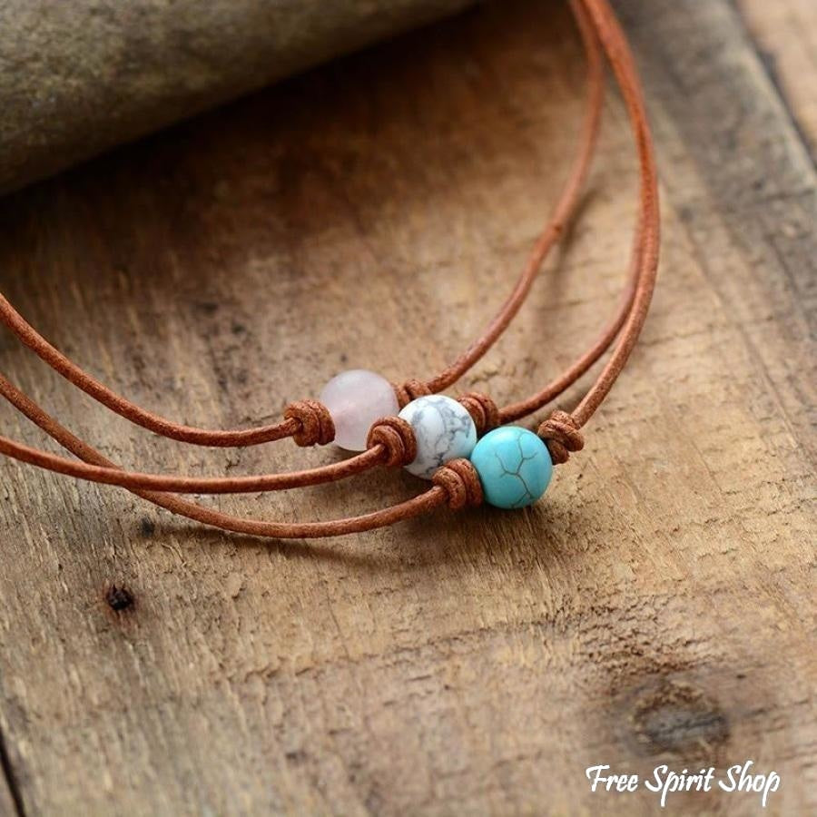 Handmade Leather & Rose Quartz Bead Choker Necklace - Free Spirit Shop