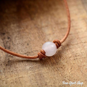 Handmade Leather & Rose Quartz Bead Choker Necklace - Free Spirit Shop