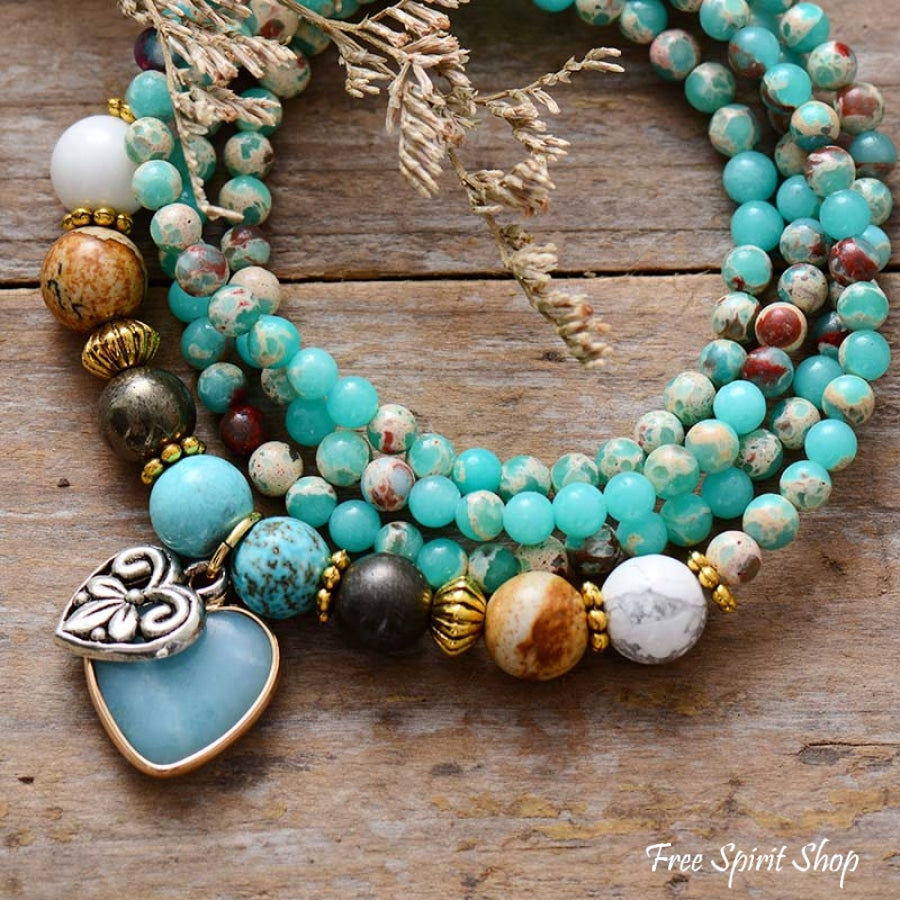 Handmade Mixed Stones & Heart Charm Bead Bracelet / Necklace - Free Spirit Shop