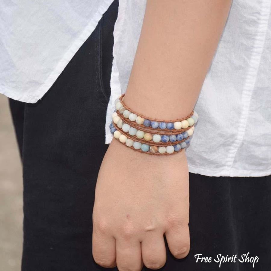 Handmade Natural Amazonite & Sodalite Leather Wrap Bracelet - Free Spirit Shop