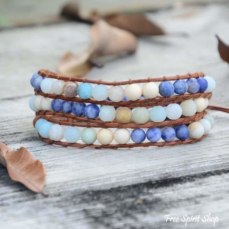 Handmade Natural Amazonite & Sodalite Leather Wrap Bracelet - Free Spirit Shop