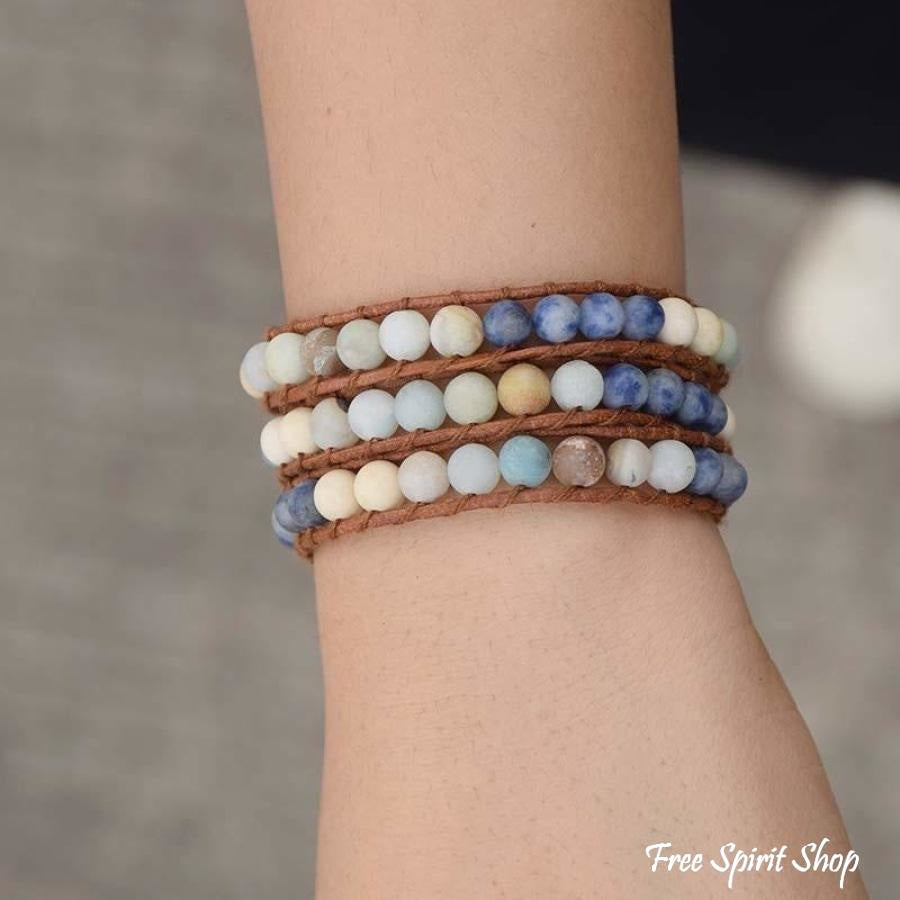 Handmade Natural Amazonite & Sodalite Leather Wrap Bracelet - Free Spirit Shop